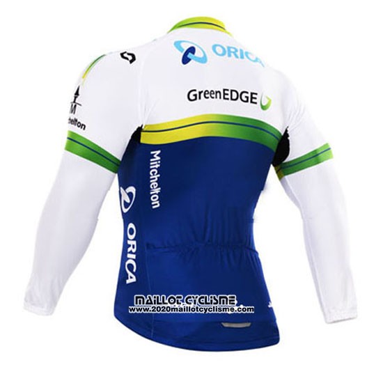 2015 Maillot Ciclismo Orica GreenEDGE Blanc et Bleu Manches Longues et Cuissard